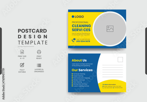 Professional cleaning services postcard template design, creative modern cleaning services agency postcard.