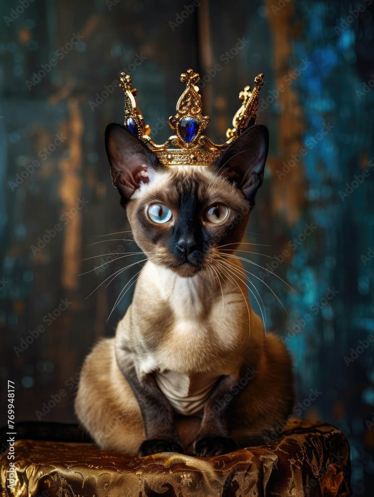 A Siamese cat wearing a crown sits majestically on a throne