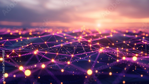 A panoramic abstract with dots of deep purple connected by triangles of glowing gold, set against a backdrop of a digital twilight. The scene suggests a mysterious and enchanting evening. photo