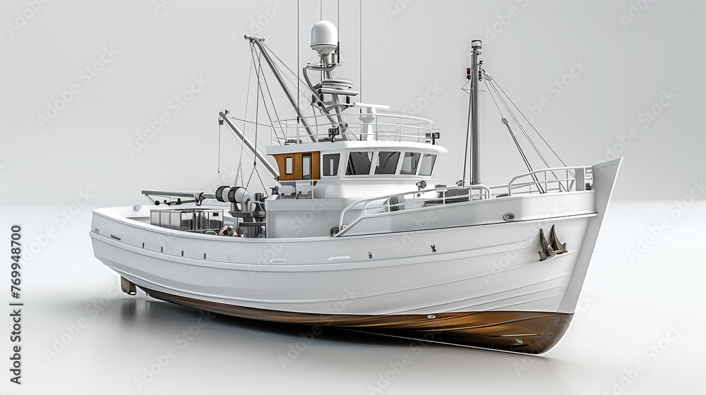 A 3D concept model of a commercial fishing vessel equipped with the latest in navigation systems, radar systems, and sustainable fishing practices, ensuring minimal ecological impact