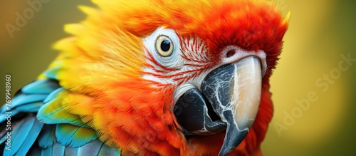 A close up of a vibrant Macaw parrot with a large beak showcasing its colorful feathers, a remarkable adaptation found in this avian organism