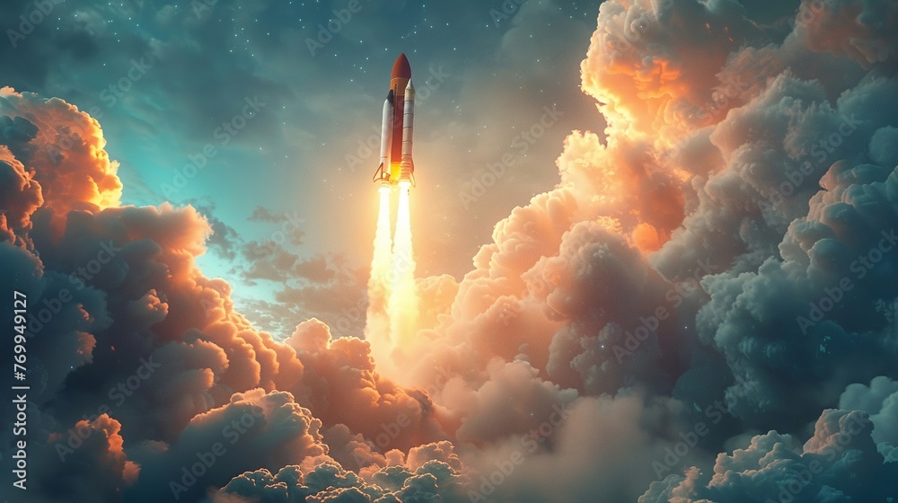 Rocket ship soaring through fluffy clouds with a trail of stardust behind it - obrazy, fototapety, plakaty 