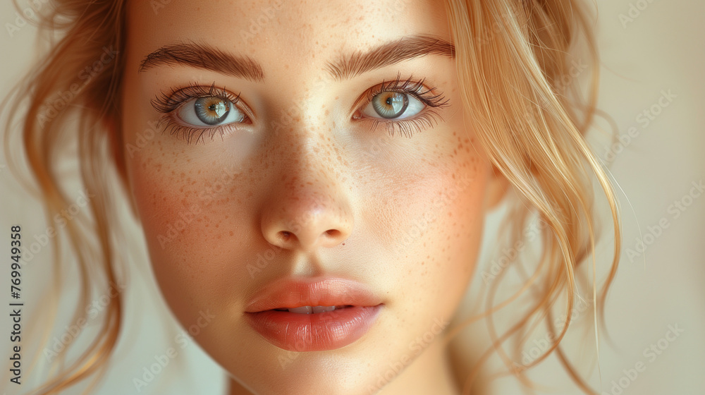 Young woman blonde, natural beauty lady, pretty model with light green eyes, freckles looking at camera in background, closeup face portrait. Skin care, natural beauty Young woman blonde, natural beauty lady, pretty model with light green eyes, freckles looking at camera in background, closeup face portrait. Skin care, natural beauty