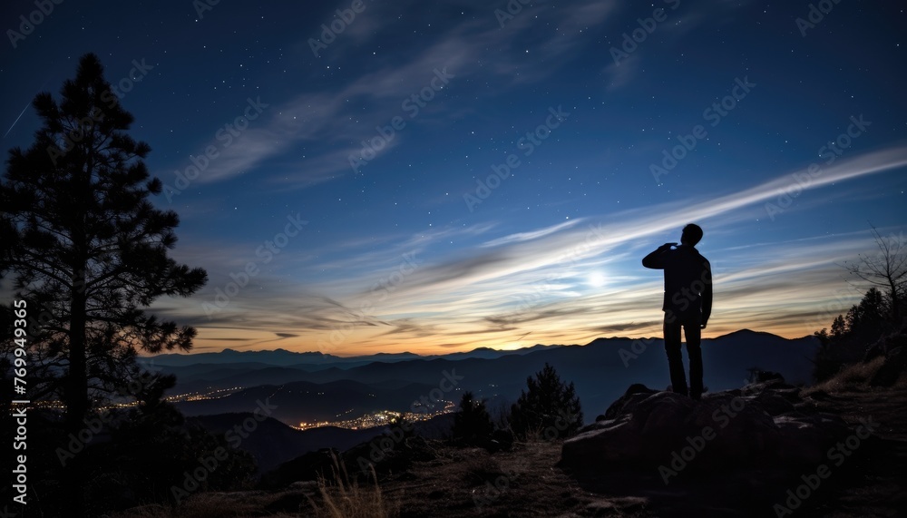 Silhouette of photographer with camera and milky way blackground.