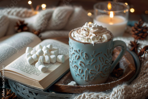 Wallpaper Mural A mug of hot chocolate with marshmallows on top sits on a tray next to a book Torontodigital.ca