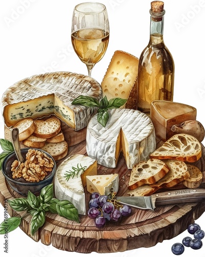 Gourmet cheese platter, watercolor and color pencil, detailed clipart, isolated on white, culinary art