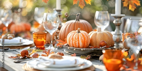 Thanksgiving dinner table set with pumpkins fall foliage and festive tableware creating a warm harvest ambiance. Concept Thanksgiving Decor, Fall Foliage, Festive Tableware, Harvest Ambiance