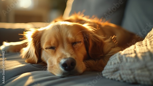Close-up of dog sleeping on cozy sofa at home, The dog is resting on the sofa, generative ai © OP38Studio