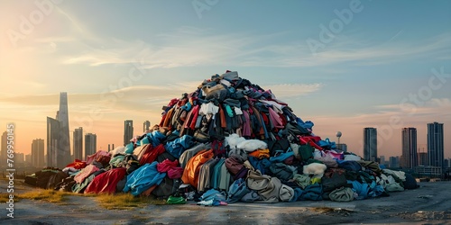 The Environmental Impact of Fast Fashion: Clothing Pile Against City Skyline Emphasizing the Need for Textile Recycling. Concept Fast Fashion, Environmental Impact, Clothing Pile, City Skyline photo