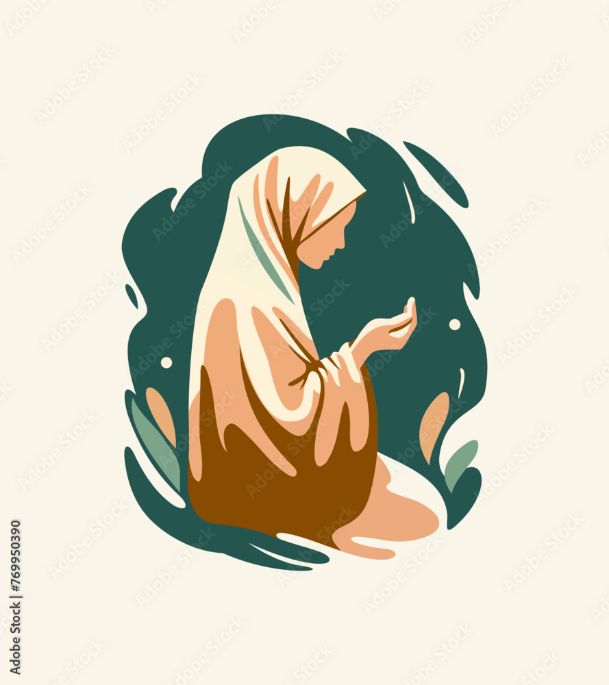 Eid Mubarak Vector Illustration a Muslim woman wearing a hijab, deep in prayer during Ramadan Ideal for religious-themed designs, greeting cards, and cultural projects Eid Mubarak Vector Illustration a Muslim woman wearing a hijab, deep in prayer during Ramadan Ideal for religious-themed designs, greeting cards, and cultural projects