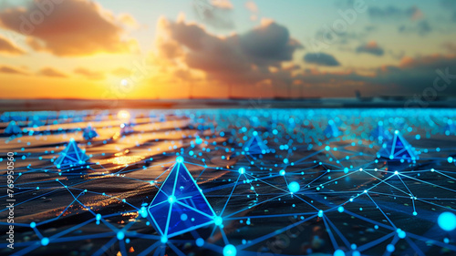 A sprawling digital landscape with royal blue dots connected by triangles of vibrant coral, set against a backdrop of a digital sunset at the beach, evoking a sense of peace and serenity.
