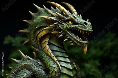 Chinese green dragon on dark background. Closeup view