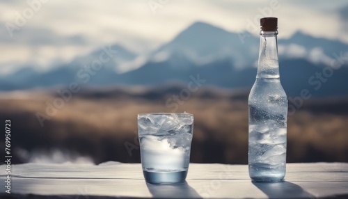 Bottle and glass of pouring crystal water against blurred nature snow mountain landscape background