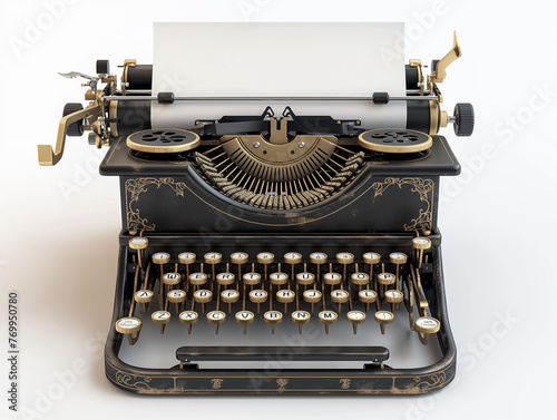 vintage gold and black typewriter with decorative designs frontal close-up on white background, used condition, paper included, label ready 