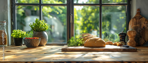 Product photography setup: wooden tabletop, kitchen window background, enhances culinary product appeal, creates inviting setting for showcasing food and kitchen items