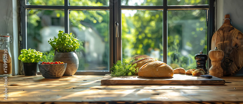 Product photography setup: wooden tabletop, kitchen window background, enhances culinary product appeal, creates inviting setting for showcasing food and kitchen items photo