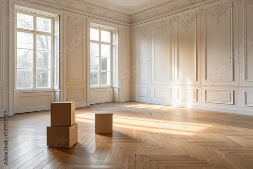 Empty Elegant Room with Sunlight and Moving Boxes. Spacious Classic Interior with Wooden Floor and Cardboard Boxes