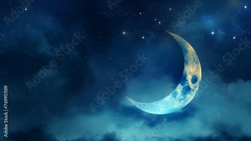 Abstract digital Ramadan moon on night starry sky background  Ramadan moon background  Islamic background  Islamic moon in the sky background  moon in the sky background 