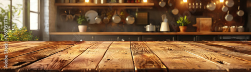 Wooden tabletop against blurred kitchen backdrop, ideal studio for showcasing culinary items, blending function and aesthetics in commercial photography