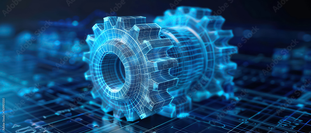 Elaborate wireframe of mechanical gear on dark blue embodies core of engineering and progress. Metaphor for intricate industry machinery, strategic business foresight Elaborate wireframe of mechanical gear on dark blue embodies core of engineering and progress. Metaphor for intricate industry machinery, strategic business foresight