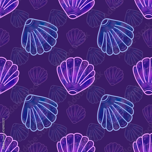 Neon seamless pattern with shells, neon pattern, neon seashells 