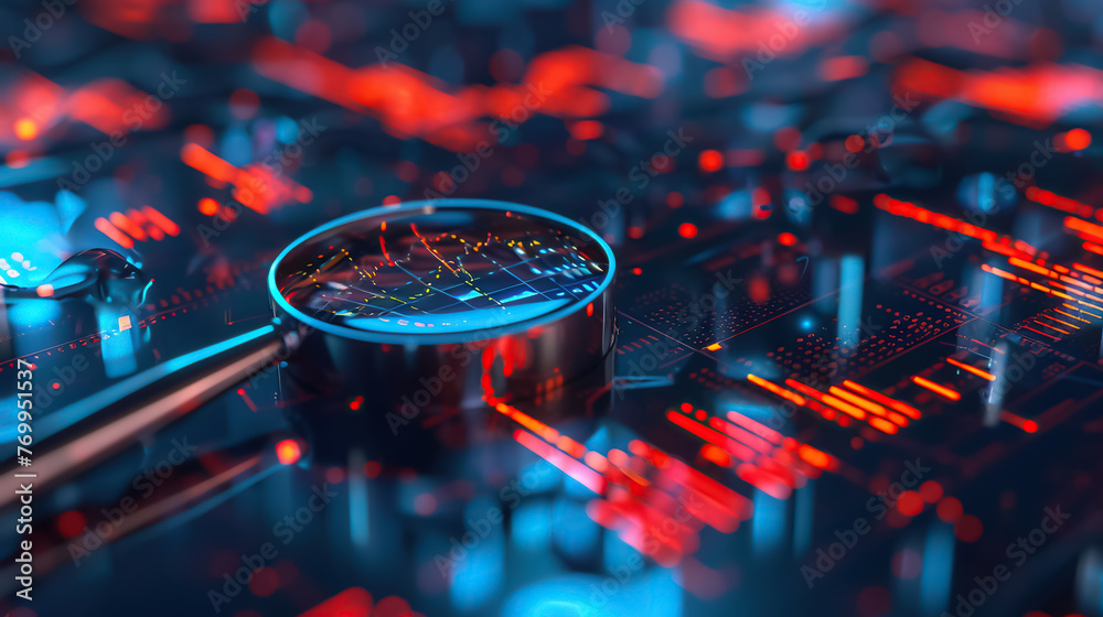 Fototapeta premium Analytical research in the economy: magnifying glass examines intricate financial data, capturing essence of detailed investigation into economic trends and fiscal analysis