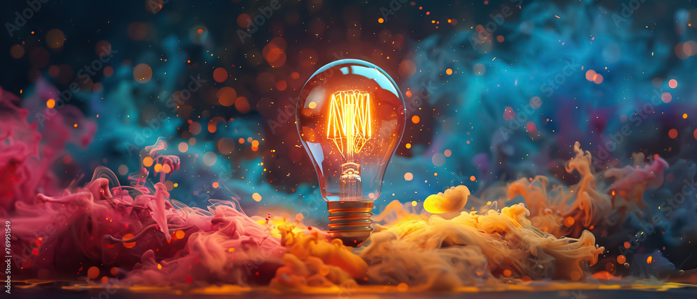 Depiction of sudden intellectual illumination: lightbulb amidst colorful paint explosion symbolizes moment of inspiration, convergence of creativity and idea generation in spectacular display - obrazy, fototapety, plakaty 