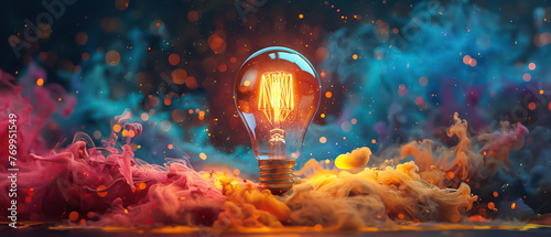 Depiction of sudden intellectual illumination: lightbulb amidst colorful paint explosion symbolizes moment of inspiration, convergence of creativity and idea generation in spectacular display