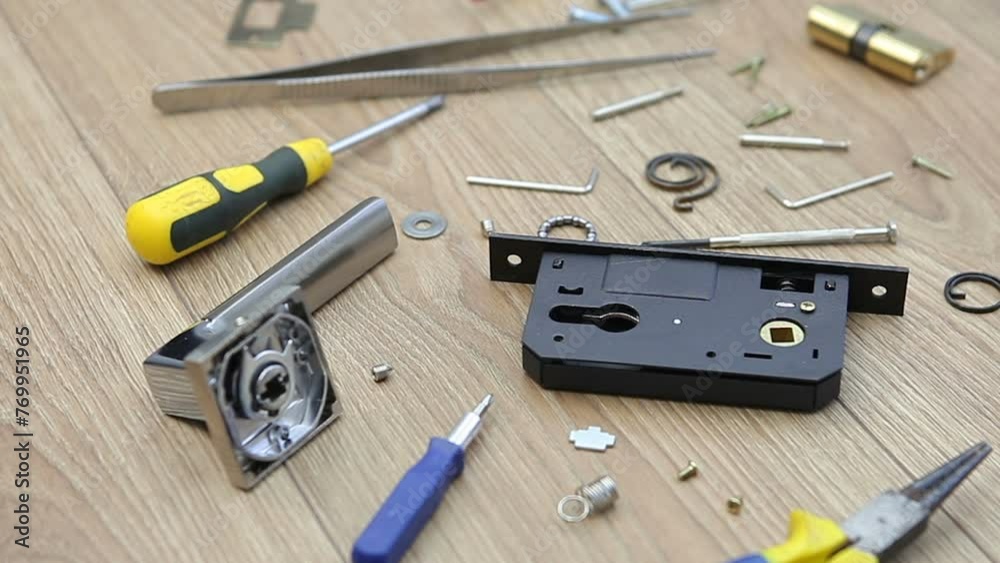 The disassembled internal door lock lies on the table. Screwdriver, spring, hexagons, tweezers, lock core and door handle. Door lock repair. The disassembled internal door lock lies on the table. Screwdriver, spring, hexagons, tweezers, lock core and door handle. Door lock repair.