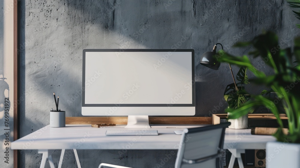 Blank computer screen mockup in office. Workplace concept.3D Rendering Blank computer screen mockup in office. Workplace concept.3D Rendering