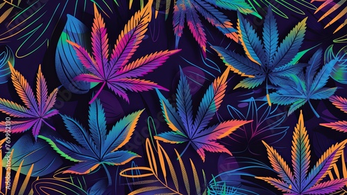 A colourful psychedelic background with vibrant cannabis, hemp leaves - concept for hallucinogenic 420 day celebration