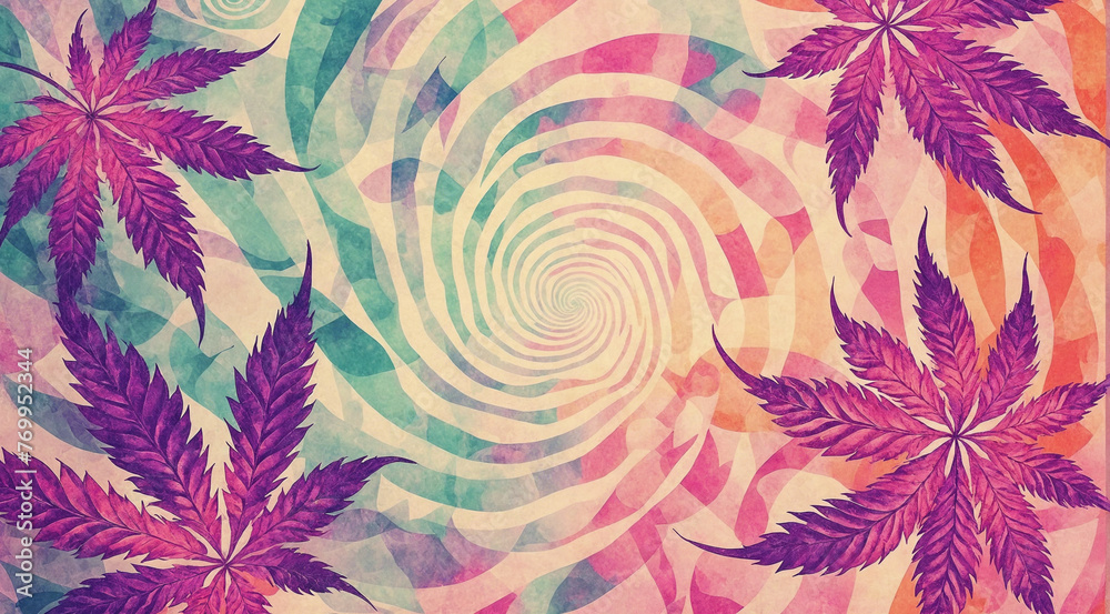A colourful psychedelic background with vibrant cannabis, hemp leaves - concept for hallucinogenic 420 day celebration - obrazy, fototapety, plakaty 