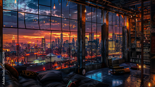A large loft window opens up the space to a picturesque view of the city skyline. 