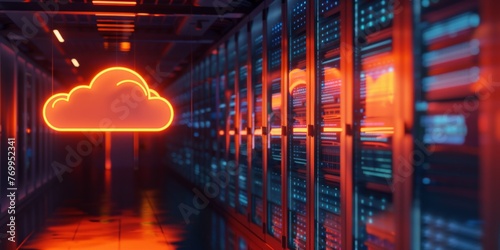 render of a cloud server room with a glowing orange cloud icon on a dark background The image depicts cloud storage, global networks, and data transfer Generative AI photo