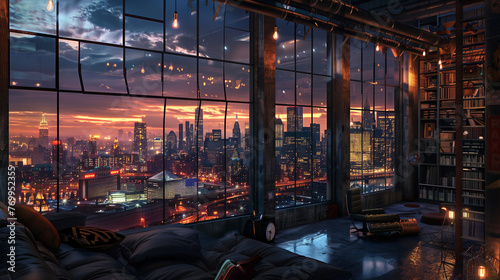 A large loft window opens up the space to a picturesque view of the city skyline. 
