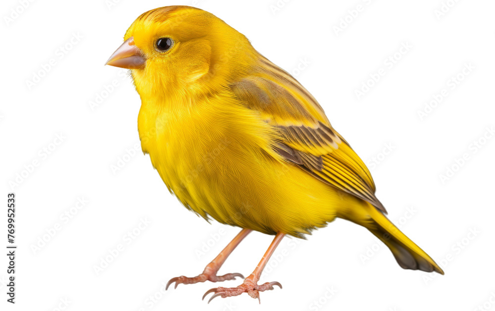 A vibrant yellow bird perched gracefully on a stark white background A vibrant yellow bird perched gracefully on a stark white background