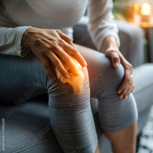 Arthritis symptoms. Woman suffering from pain in her knee on sofa indoors, closeup photo
