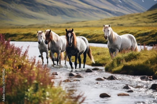 Several horses walking along a stream  in the style of delicate Icelandic landscape 