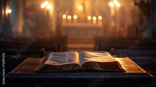 an open Holy Bible book in a church, bathed in glowing lights, evoking a profound sense of spirituality and reverence.