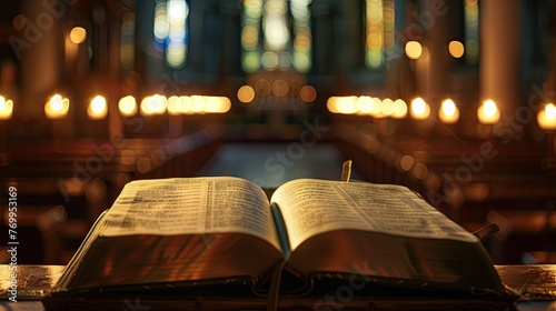 an open Holy Bible book in a church, bathed in glowing lights, evoking a profound sense of spirituality and reverence.