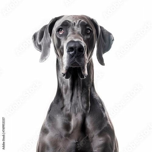 A photo of a purebred great dane facing the camera, shot from chest and up, isolated on white background, even lighting