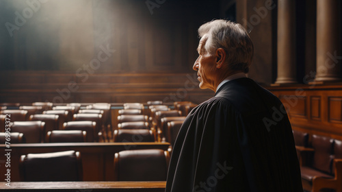A judge standing to address the courtroom, the traditional robes adding to the formality of the moment, with the soft natural light casting a spotlight on the figure of authority, with copy space