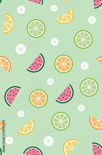 Colorful vector illustration of pattern with tropical fruits, lemon, orange and watermelon. Art in graphic and childish style.