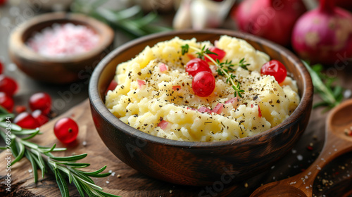 Creamy mashed potatoes garnished with herbs and pomegranate seeds in a rustic bowl, with onions and rosemary in the background.