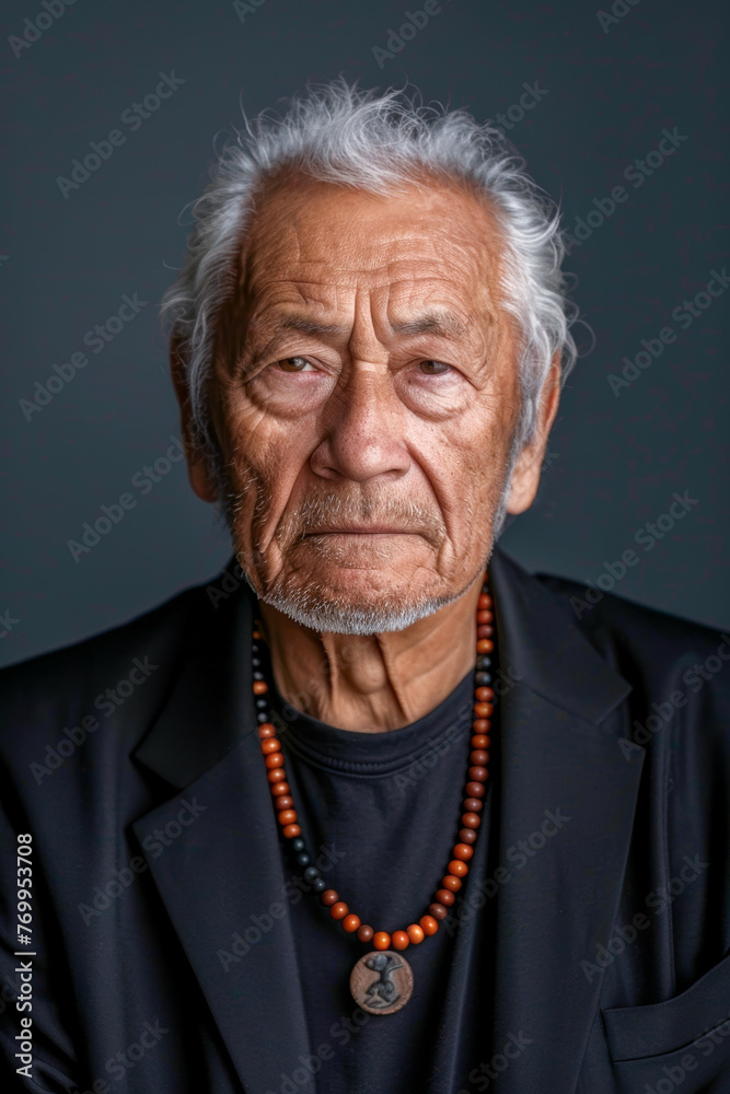 Senior man in black suit with beaded necklace. Senior man in black suit with beaded necklace.