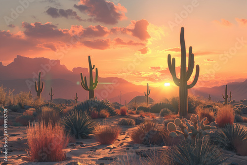 The sunset amongst the cactus in desert photo