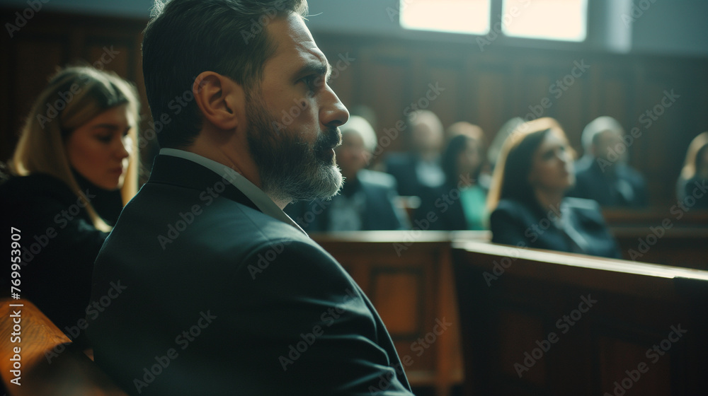A juror asking a question during the trial, a rare but vital part of the process, the scene bathed in a soft light that emphasizes the importance of clarity - obrazy, fototapety, plakaty 