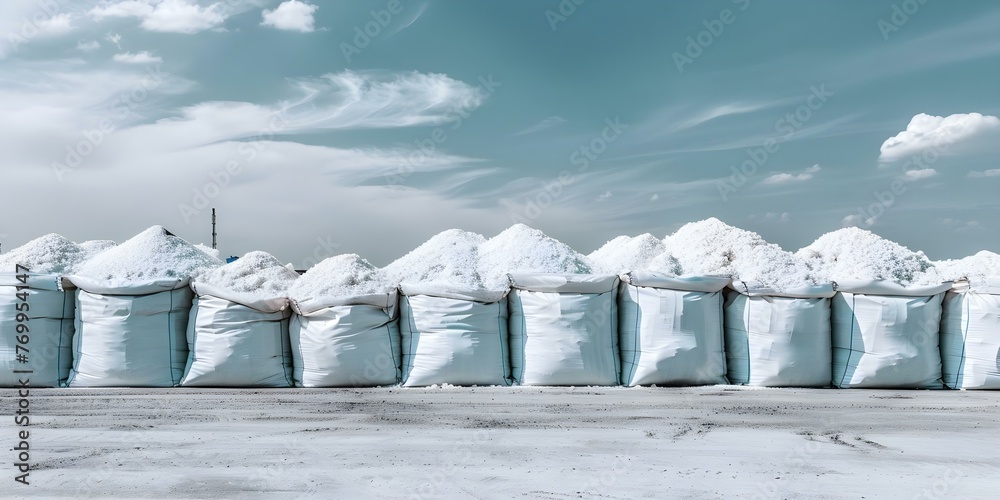 White jumbobags stockpile with urea and phosphorus granules at a ...