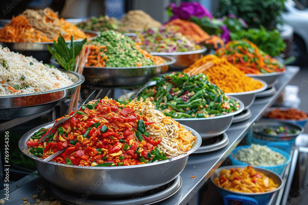 A table is covered with numerous bowls filled with various types of food, showcasing a diverse array of cuisines and flavors. The bowls are arranged in an organized manner, creating a colorful and app