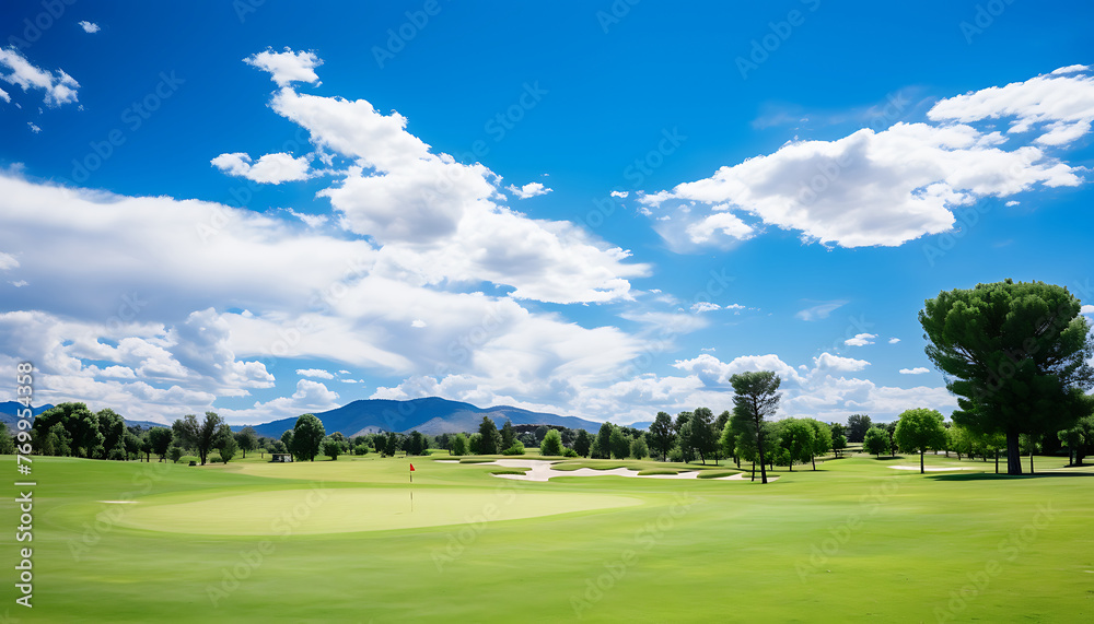 Pristine golf course with rolling greens, sand traps, and a backdrop of forested mountains under a clear blue sky